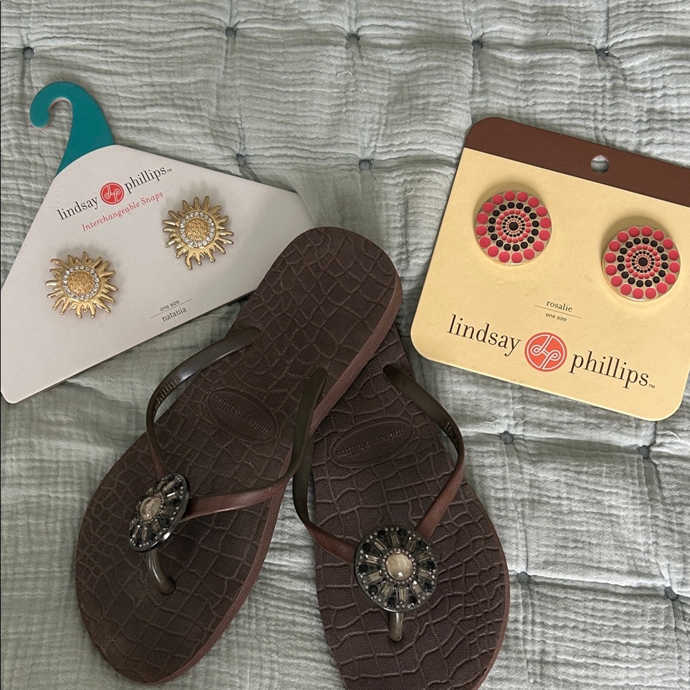 Lindsay Phillips Brown Flip Flops with Decorative Snaps